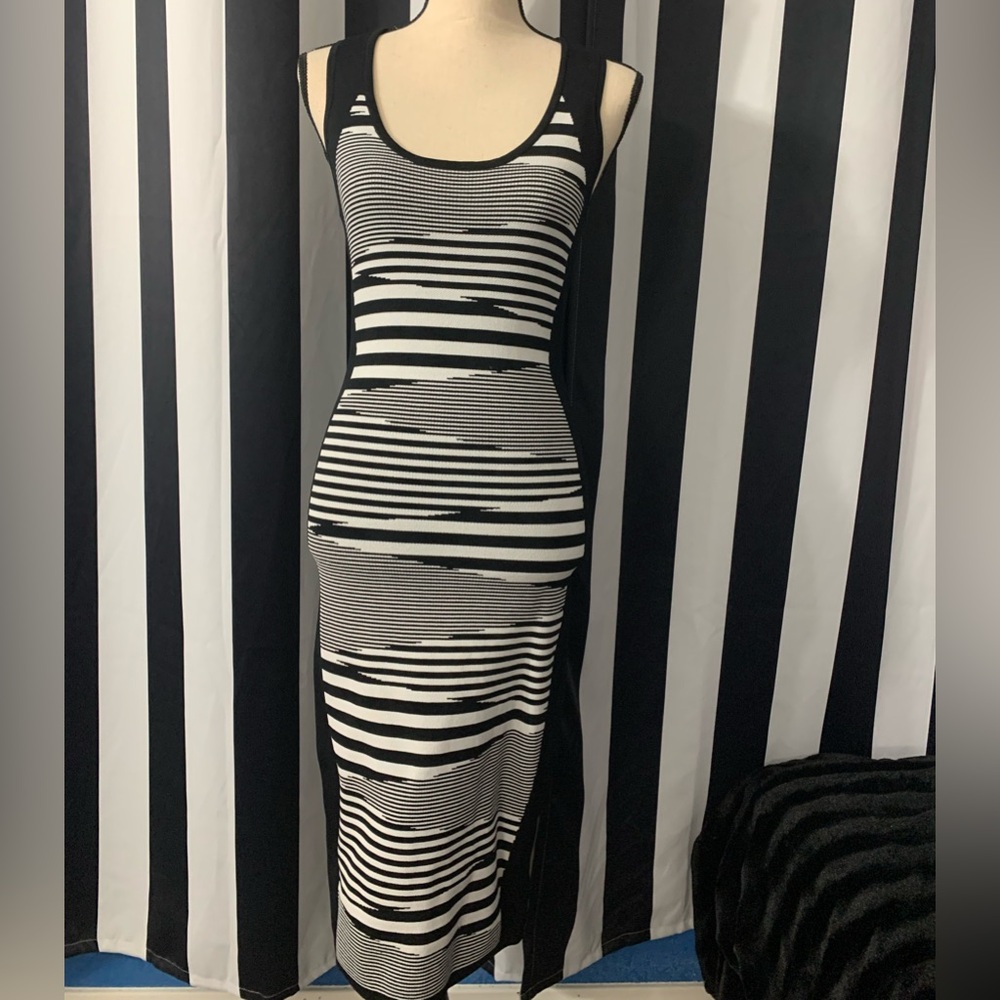 Bebe Black and White Striped Bodycon Midi Dress